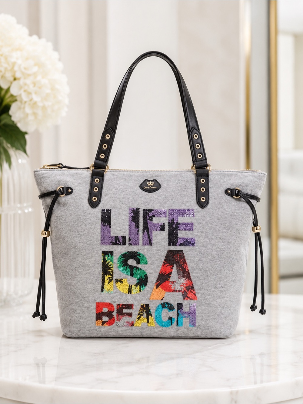 Juicy Couture “Life Is A Beach” Sequin Tote Bag | Large Gray Shoulder Bag NWT